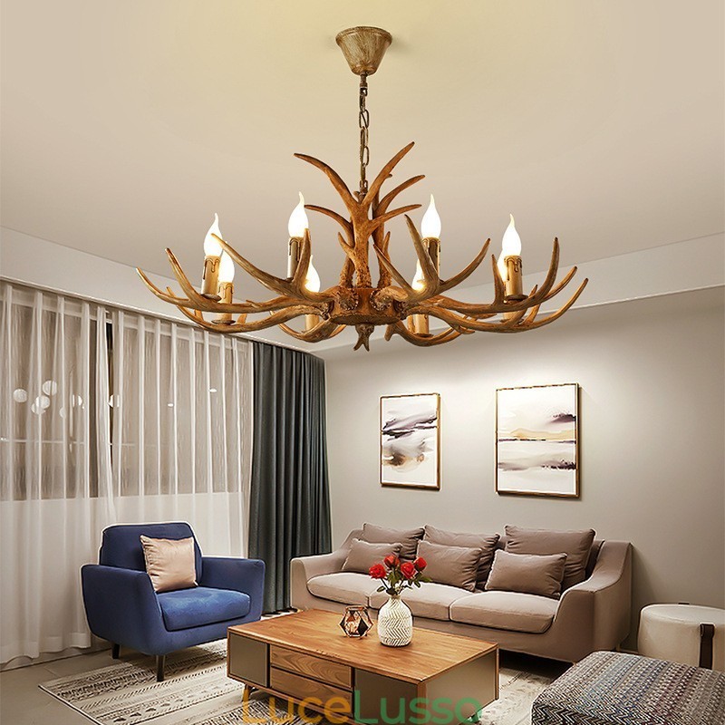 Lampadario antico retrò artistico rustico a 8 luci con corna di cervo