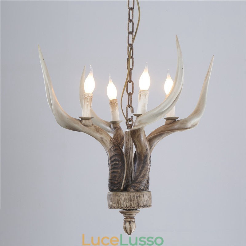 Lampadario antico retrò artistico rustico a 4 luci con corna di cervo