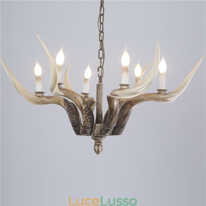 Lampadario antico retrò artistico rustico a 6 luci con corna di cervo