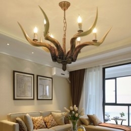 Lampadario antico retrò artistico rustico a 6 luci con corna di cervo