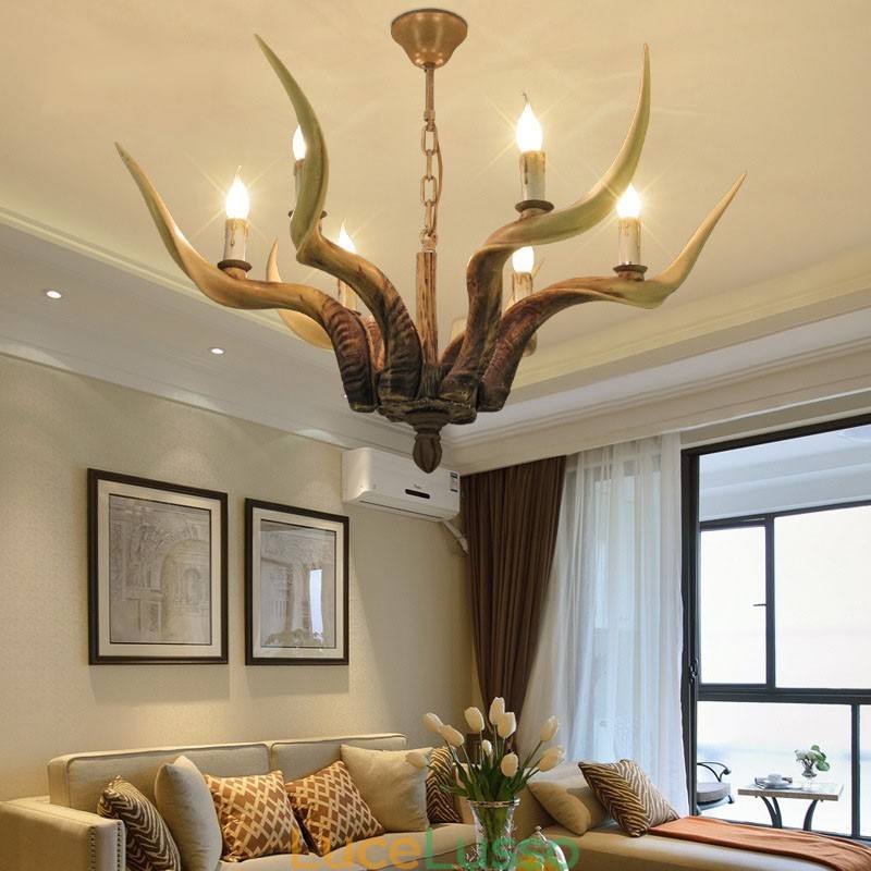 Lampadario antico retrò artistico rustico a 6 luci con corna di cervo