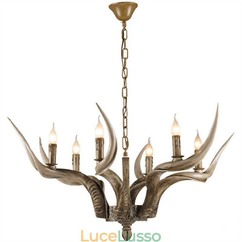 Lampadario antico retrò artistico rustico a 6 luci con corna di cervo