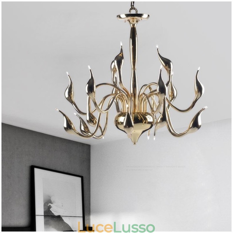 Lampadario moderno contemporaneo in metallo elettroplaccato oro chiaro da 15 luci