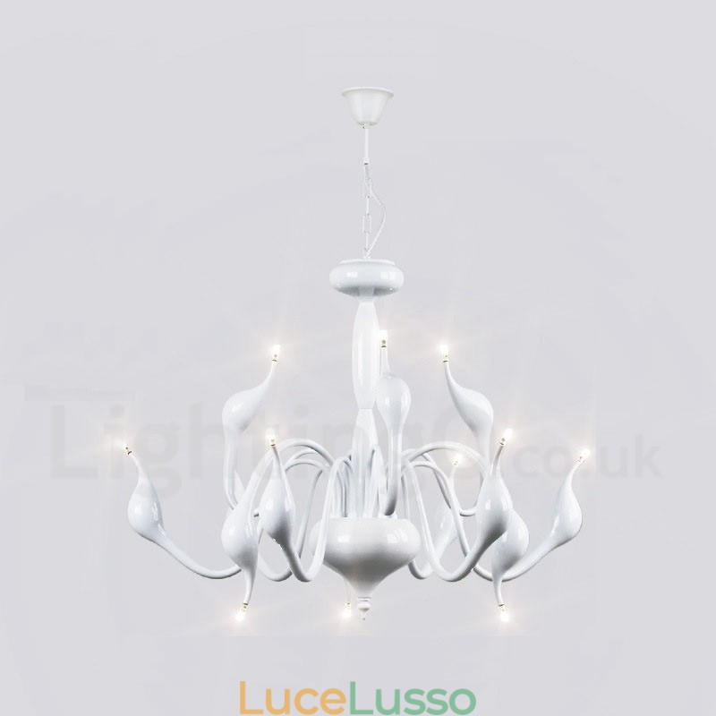 Lampadario a sospensione moderno in metallo bianco a forma di cigno da 12 luci