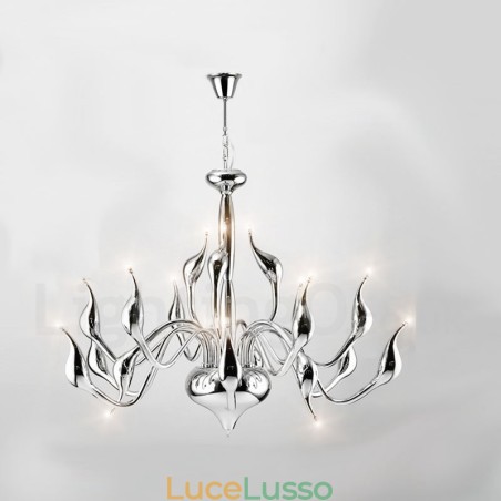 Lampadario a cigno postmoderno in acciaio inox da 18 luci G4 con finitura cromata Lampadario a cigno postmoderno in acciaio inox da 18 luci G4 con finitura cromata