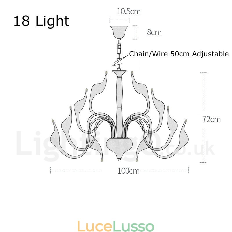 Lampadario a cigno postmoderno in acciaio inox da 18 luci G4 con finitura cromata