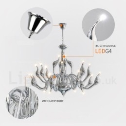 Lampadario a cigno postmoderno in acciaio inox da 18 luci G4 con finitura cromata