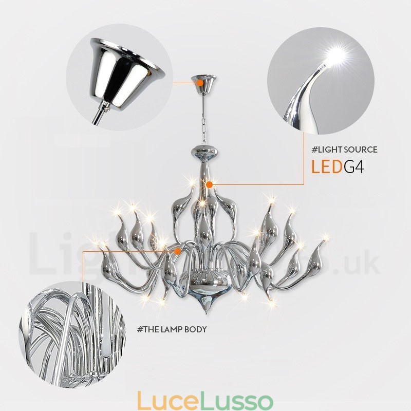 Lampadario a cigno postmoderno in acciaio inox da 18 luci G4 con finitura cromata