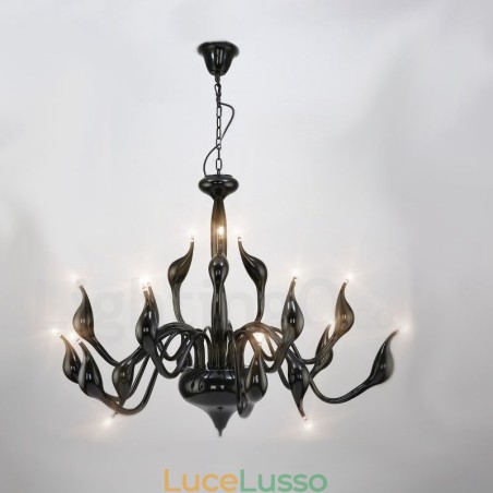 Lampadario a forma di cigno postmoderno in acciaio inox da 18 luci G4 con finitura nera Lampadario a forma di cigno postmoderno in acciaio inox da 18 luci G4 con finitura nera