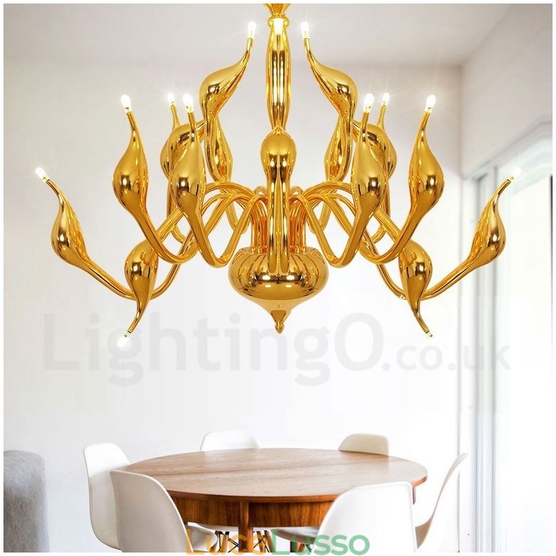 Lampadario a cigno postmoderno in acciaio inox da 18 luci G4 con finitura oro