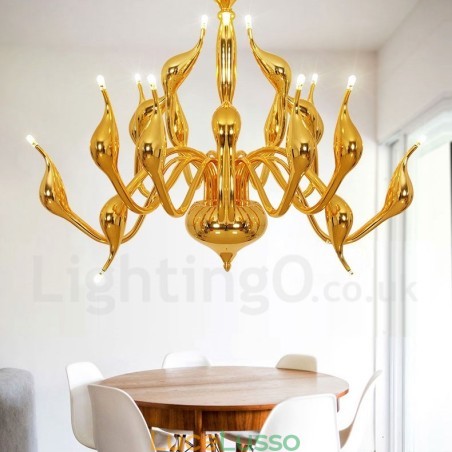 Lampadario a cigno postmoderno in acciaio inox da 18 luci G4 con finitura oro Lampadario a cigno postmoderno in acciaio inox da 18 luci G4 con finitura oro