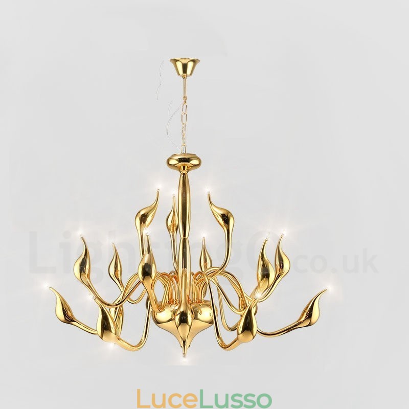 Lampadario a cigno postmoderno in acciaio inox da 18 luci G4 con finitura oro