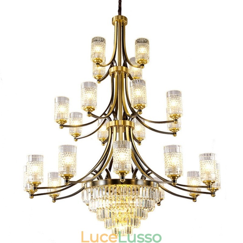Grande lampadario di cristallo di rame di lusso per porta luci 12+8+4