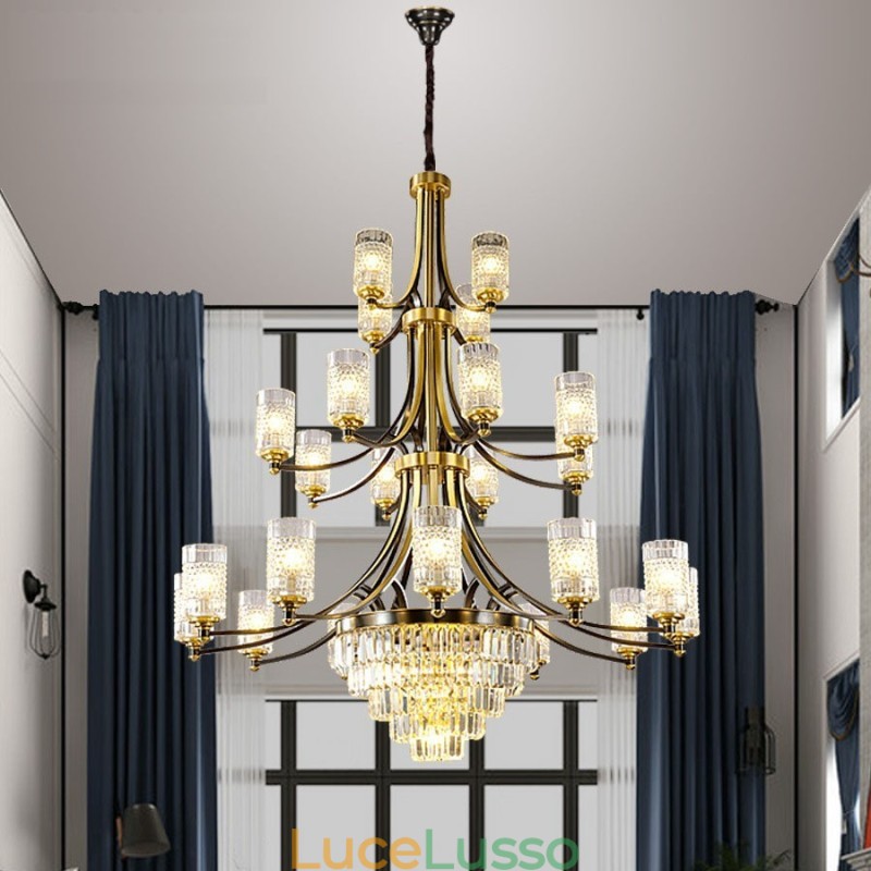 Grande lampadario di cristallo di rame di lusso per porta luci 12+8+4