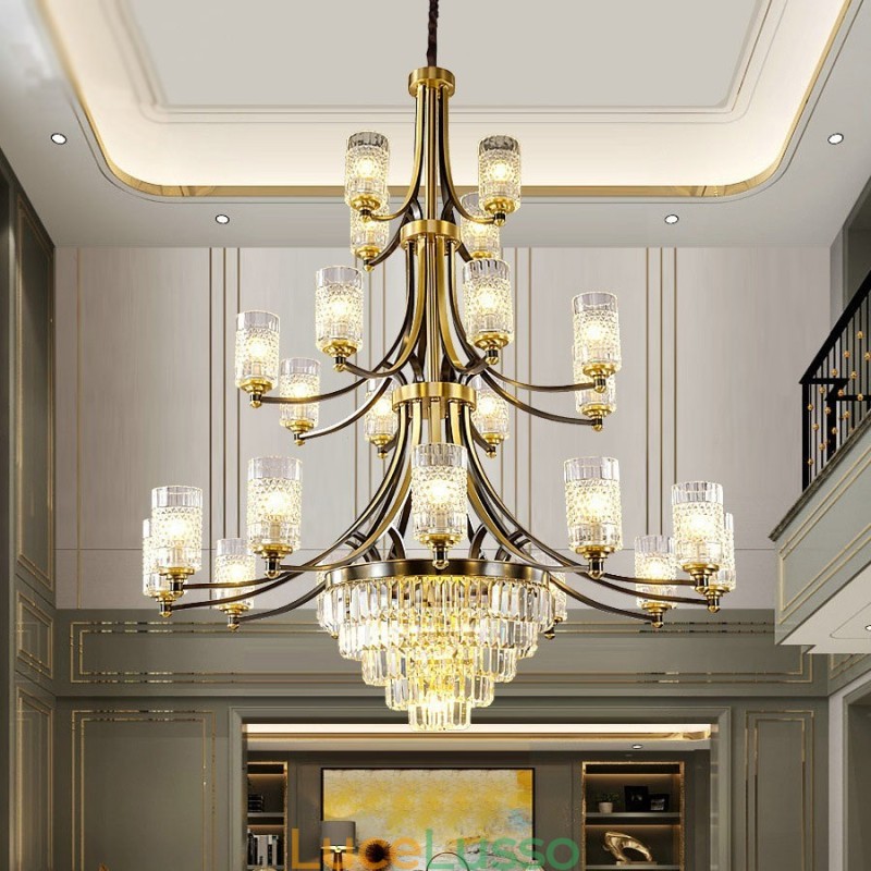 Grande lampadario di cristallo di rame di lusso per porta luci 12+8+4