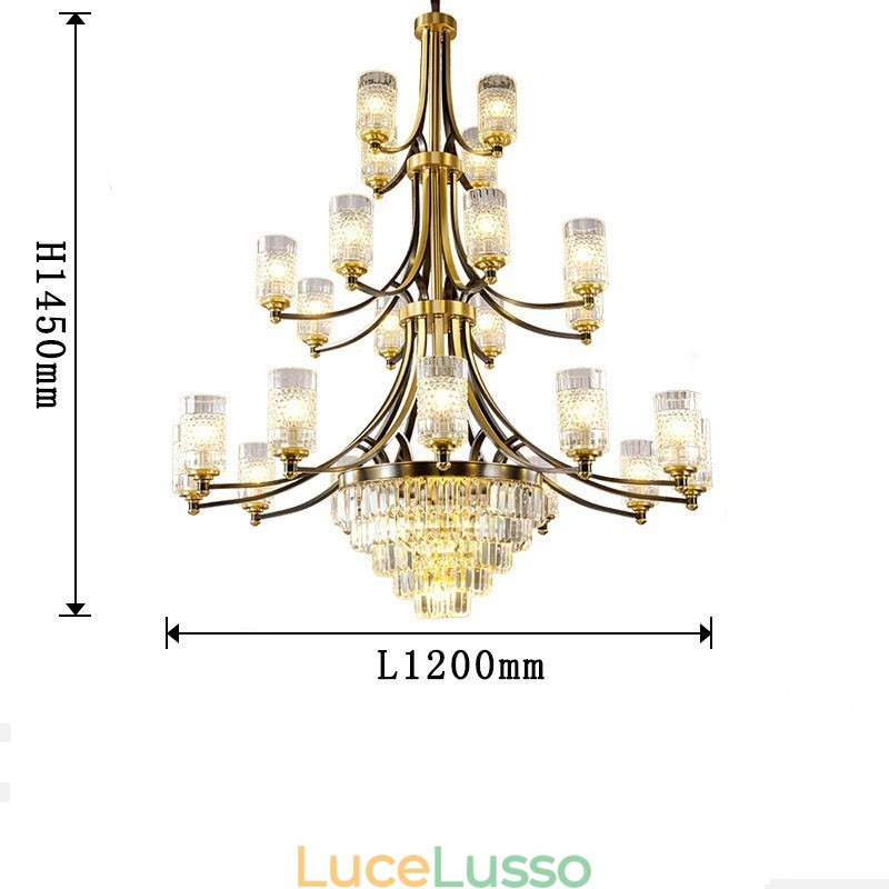 Grande lampadario di cristallo di rame di lusso per porta luci 12+8+4