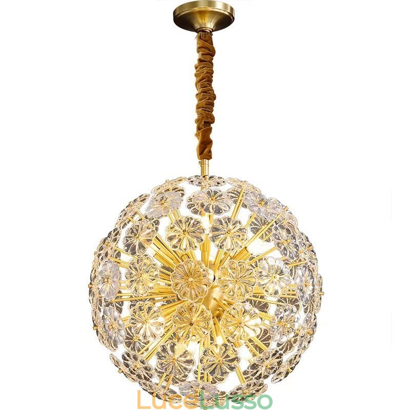 Lampada a sospensione in cristallo con dente di leone in ottone sferico nordico