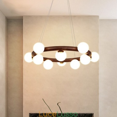 Lampadario a sospensione in legno di noce nero semplice con paralumi a forma di fagiolo e anello nordico Lampadario a sospensione in legno di noce nero semplice con paralumi a forma di fagiolo e anello nordico