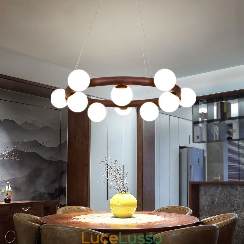 Lampadario a sospensione in legno di noce nero semplice con paralumi a forma di fagiolo e anello nordico