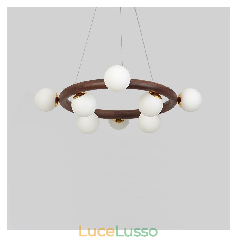 Lampadario a sospensione in legno di noce nero semplice con paralumi a forma di fagiolo e anello nordico
