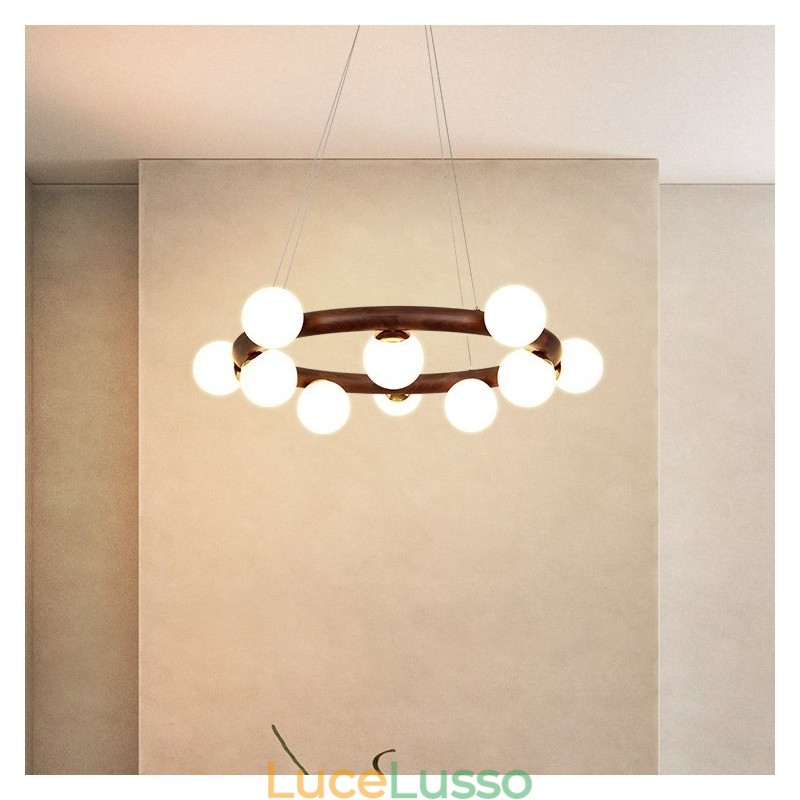 Lampadario a sospensione in legno di noce nero semplice con paralumi a forma di fagiolo e anello nordico