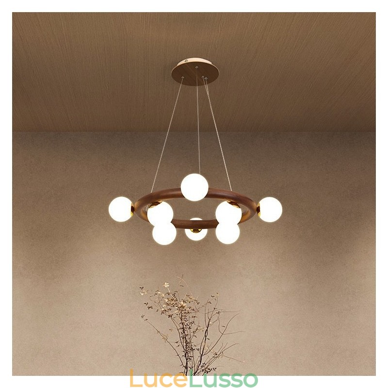 Lampadario a sospensione in legno di noce nero semplice con paralumi a forma di fagiolo e anello nordico