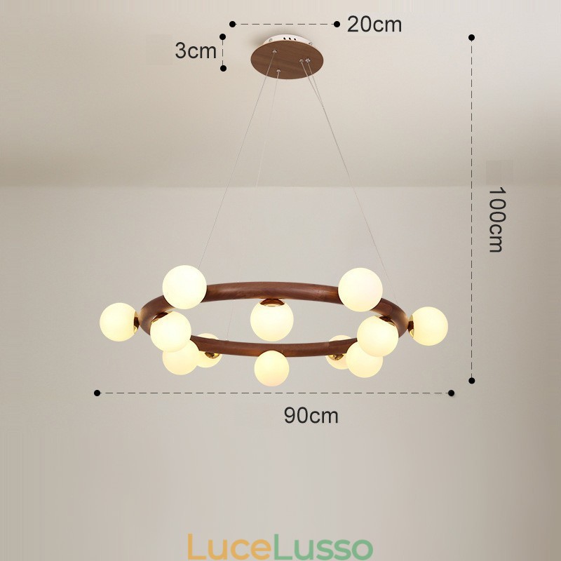 Lampadario a sospensione in legno di noce nero semplice con paralumi a forma di fagiolo e anello nordico
