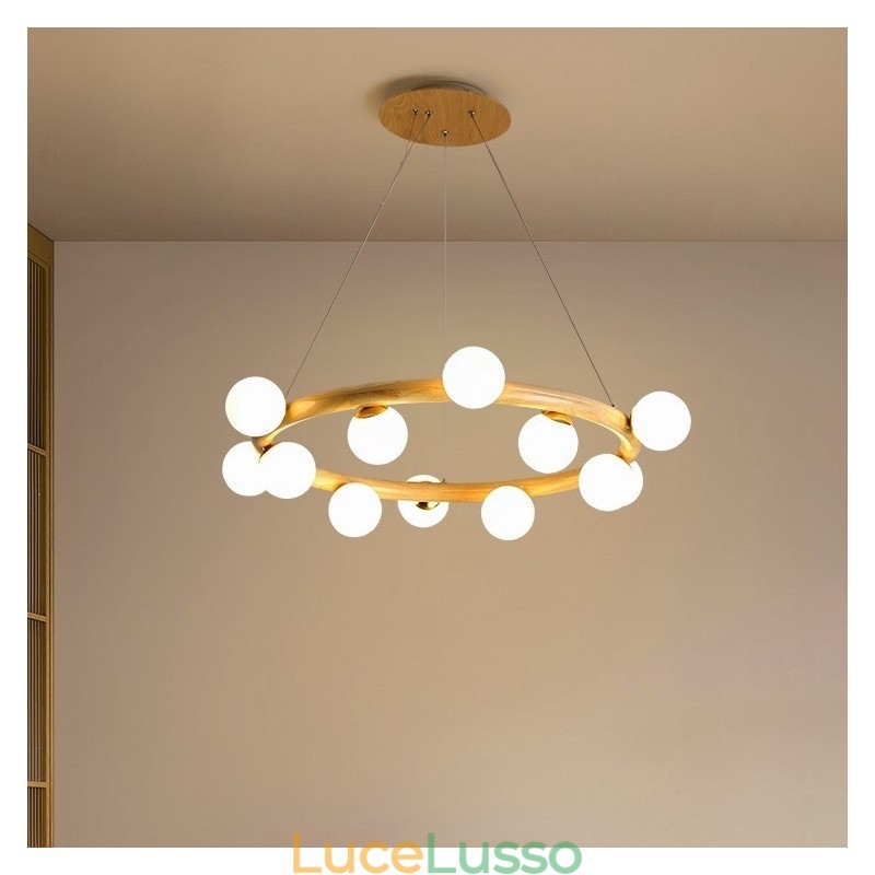 Lampadario a sospensione in legno moderno semplice con paralumi a forma di fagiolo ad anello nordico