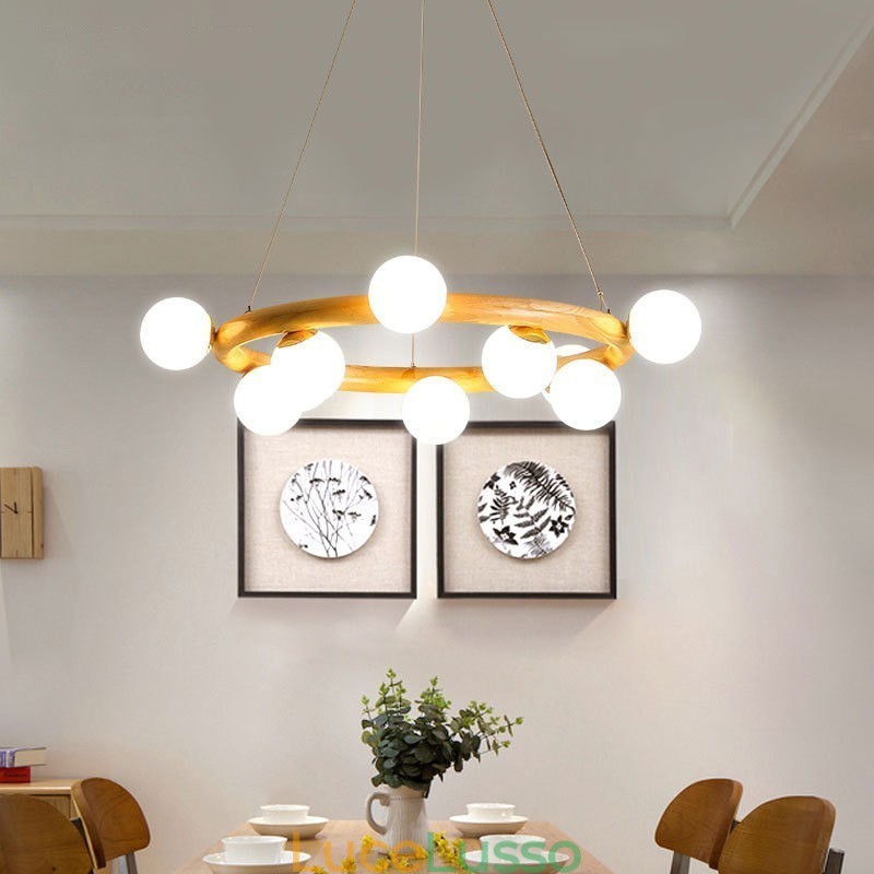 Lampadario a sospensione in legno moderno semplice con paralumi a forma di fagiolo ad anello nordico