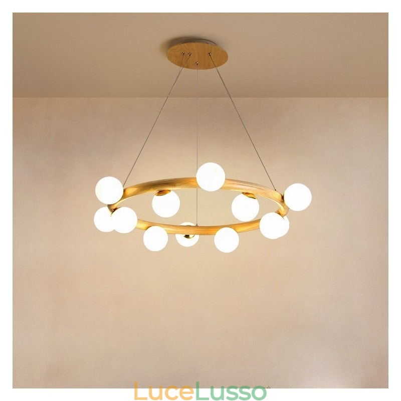 Lampadario a sospensione in legno moderno semplice con paralumi a forma di fagiolo ad anello nordico