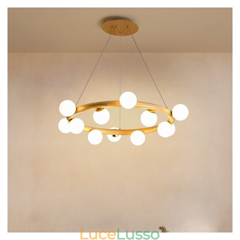Lampadario a sospensione in legno moderno semplice con paralumi a forma di fagiolo ad anello nordico