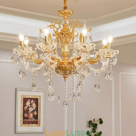 Lampadario a candela in cristallo color oro di lusso a 6 e 8 luci Lampadario a candela in cristallo color oro di lusso a 6 e 8 luci