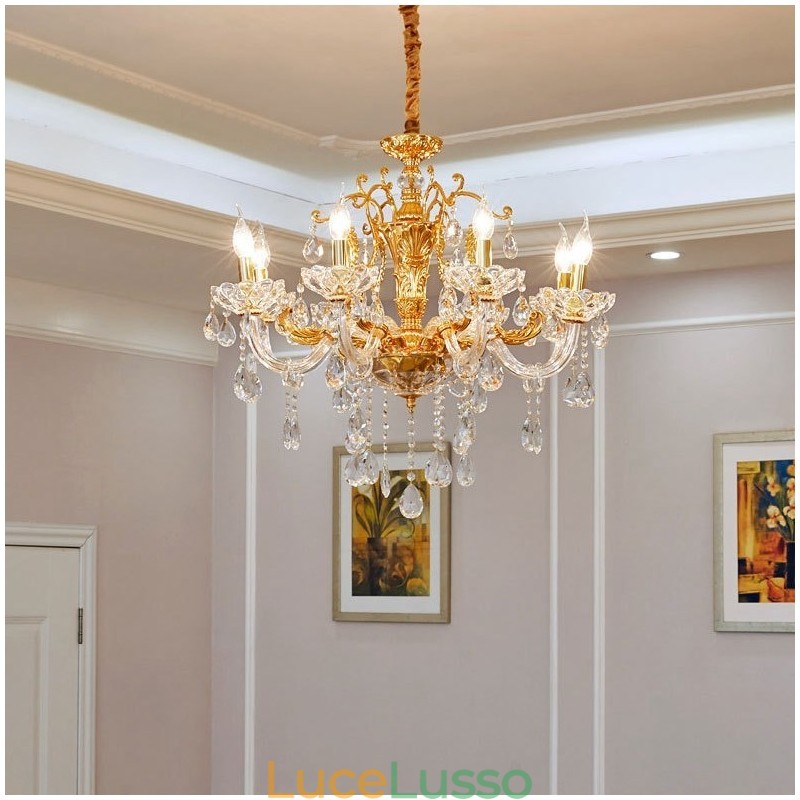 Lampadario a candela in cristallo color oro di lusso a 6 e 8 luci