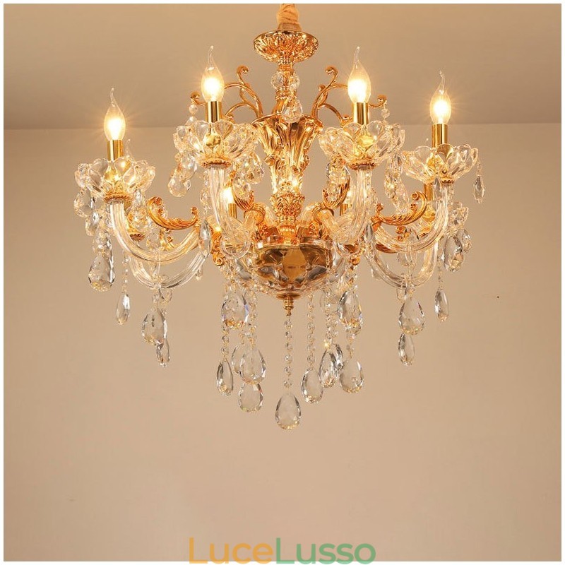 Lampadario a candela in cristallo color oro di lusso a 6 e 8 luci