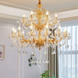 Lampadario a candela in cristallo color oro di lusso a due livelli con 18 luci