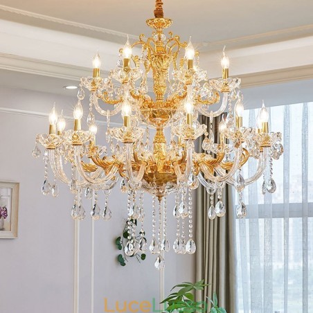 Lampadario a candela in cristallo color oro di lusso a due livelli con 18 luci Lampadario a candela in cristallo color oro di lusso a due livelli con 18 luci
