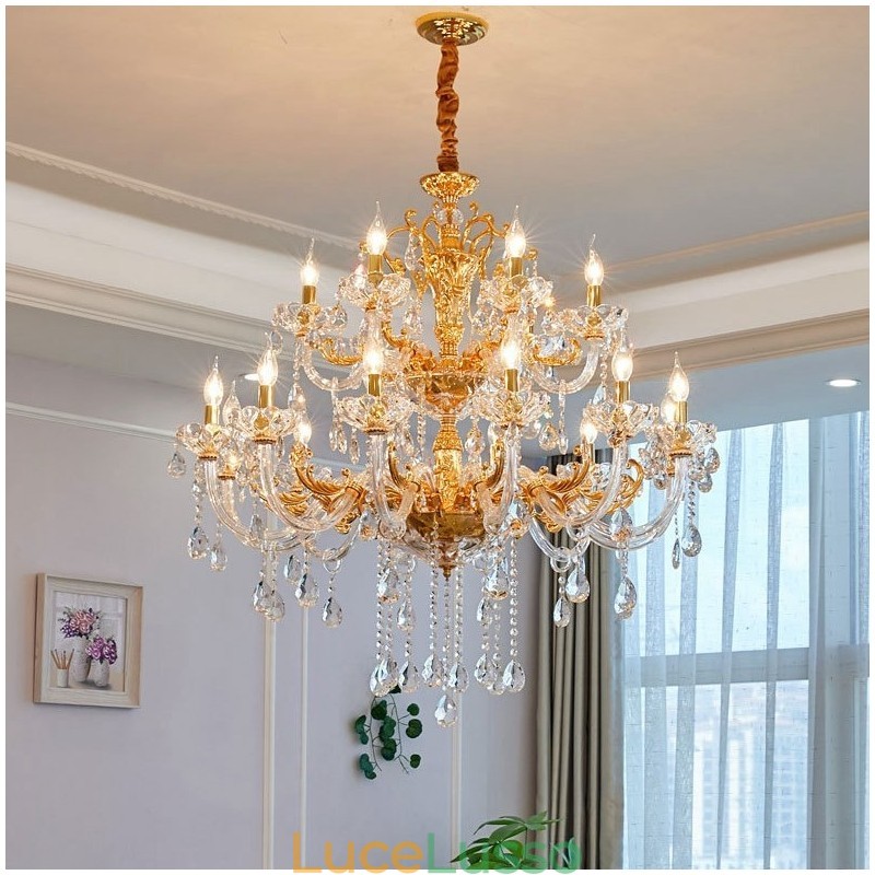 Lampadario a candela in cristallo color oro di lusso a due livelli con 18 luci