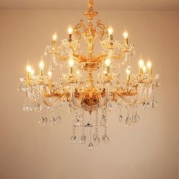 Lampadario a candela in cristallo color oro di lusso a due livelli con 18 luci