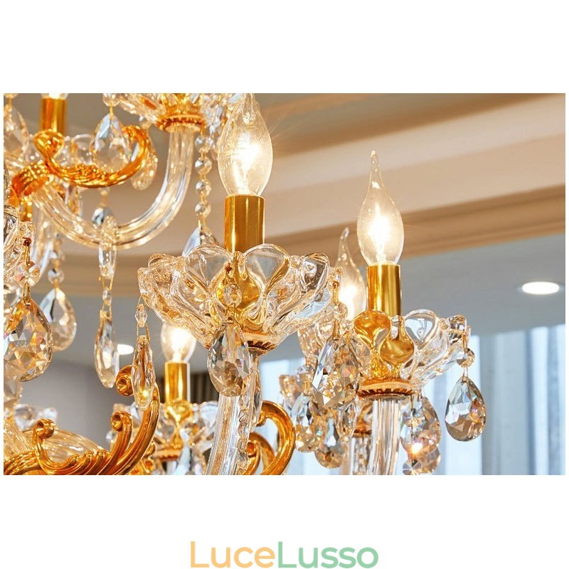 Lampadario a candela in cristallo color oro di lusso a due livelli con 18 luci