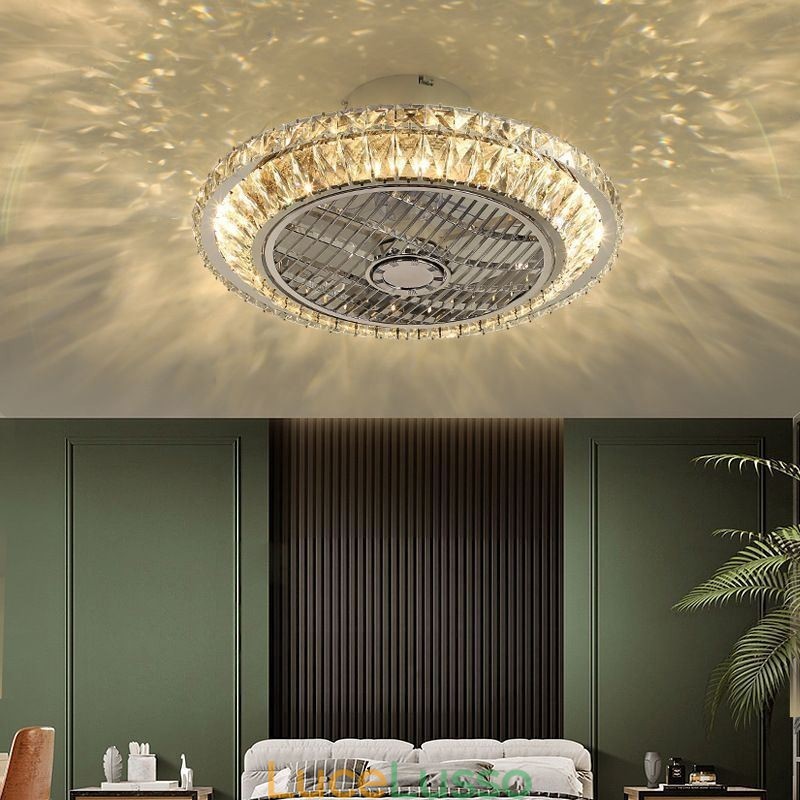 Lampada da soffitto rotonda in oro con ventilatore da soffitto in cristallo