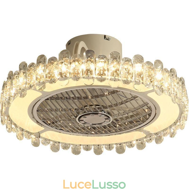 Lampada da soffitto rotonda in oro con ventilatore da soffitto in cristallo