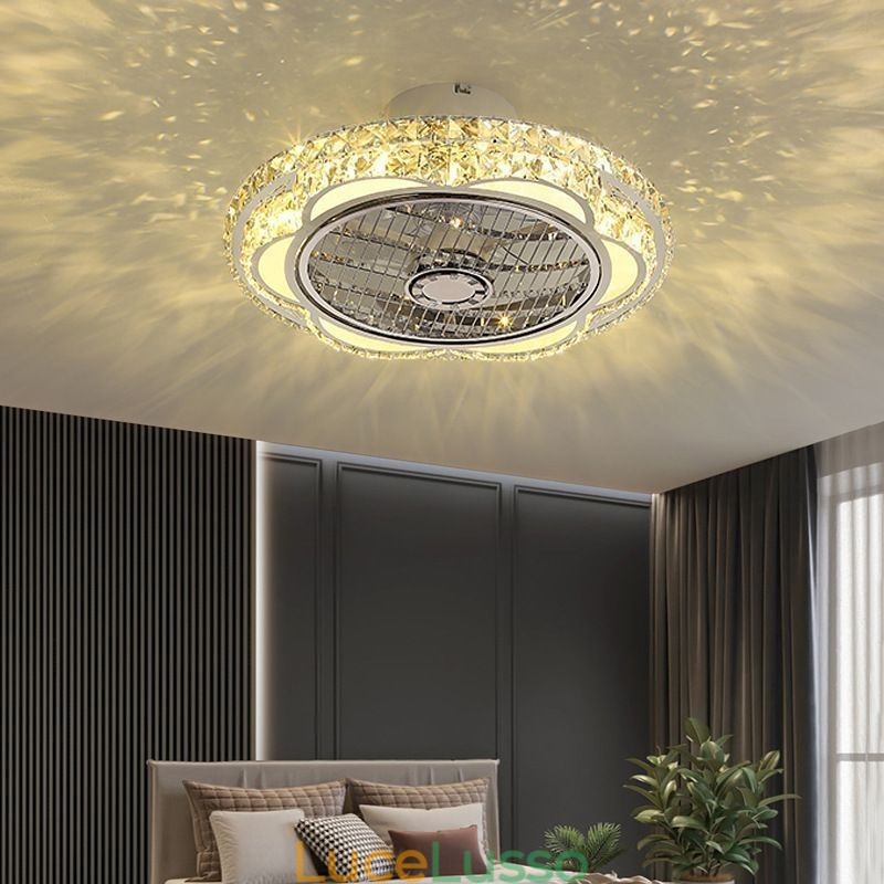 Lampada da soffitto rotonda in oro con ventilatore da soffitto in cristallo