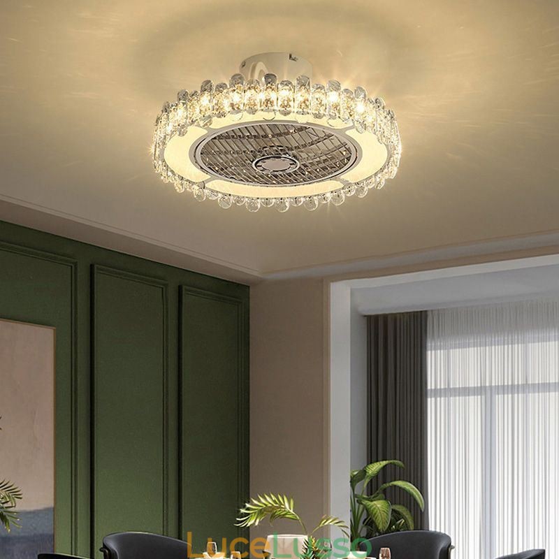 Lampada da soffitto rotonda in oro con ventilatore da soffitto in cristallo