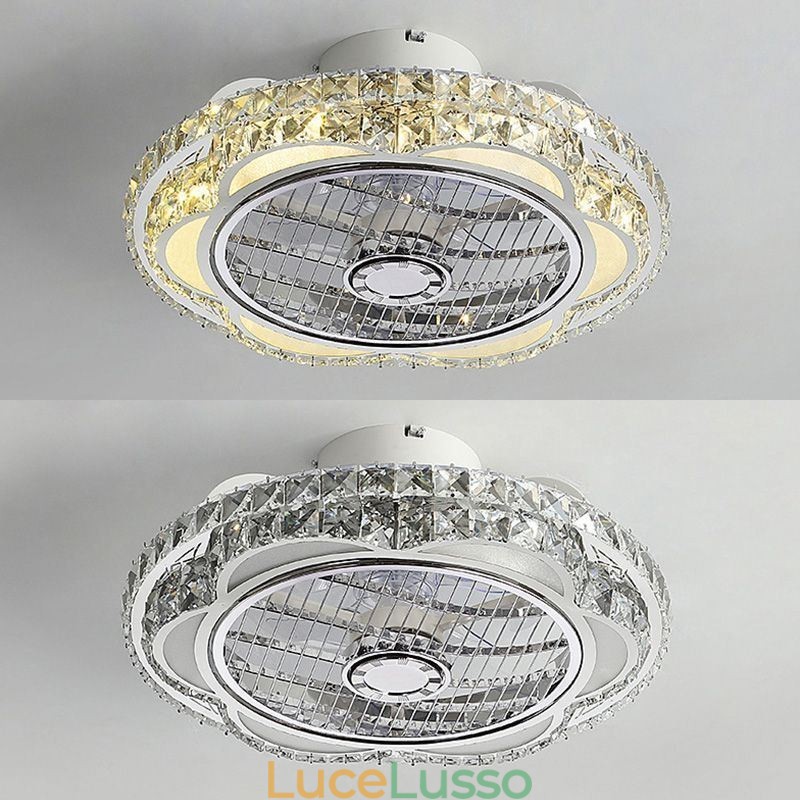 Lampada da soffitto rotonda in oro con ventilatore da soffitto in cristallo