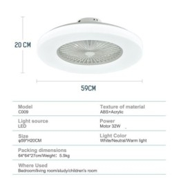 Ventilatore da soffitto con luce tricromatica, dimmerabile, 3 velocità, telecomando