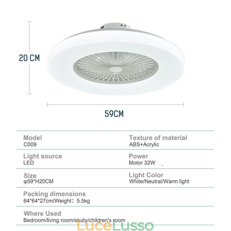 Ventilatore da soffitto con luce tricromatica, dimmerabile, 3 velocità, telecomando