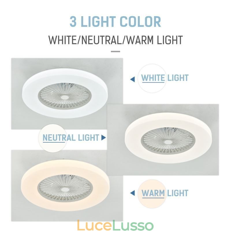 Ventilatore da soffitto con luce tricromatica, dimmerabile, 3 velocità, telecomando