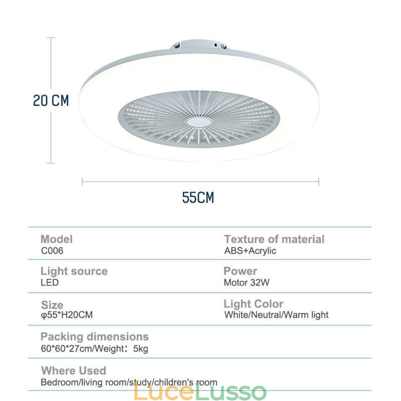 Ventilatore da soffitto con luce tricromatica dimmerabile con telecomando a 3 velocità