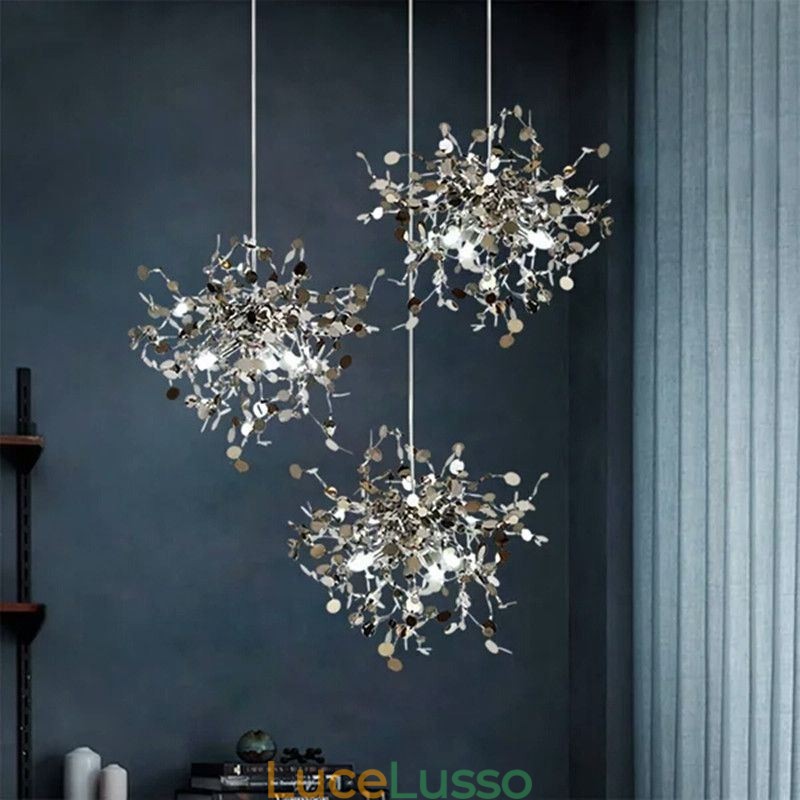 Lampadario con paillettes in acciaio inossidabile, illuminazione a sospensione, sala da pranzo