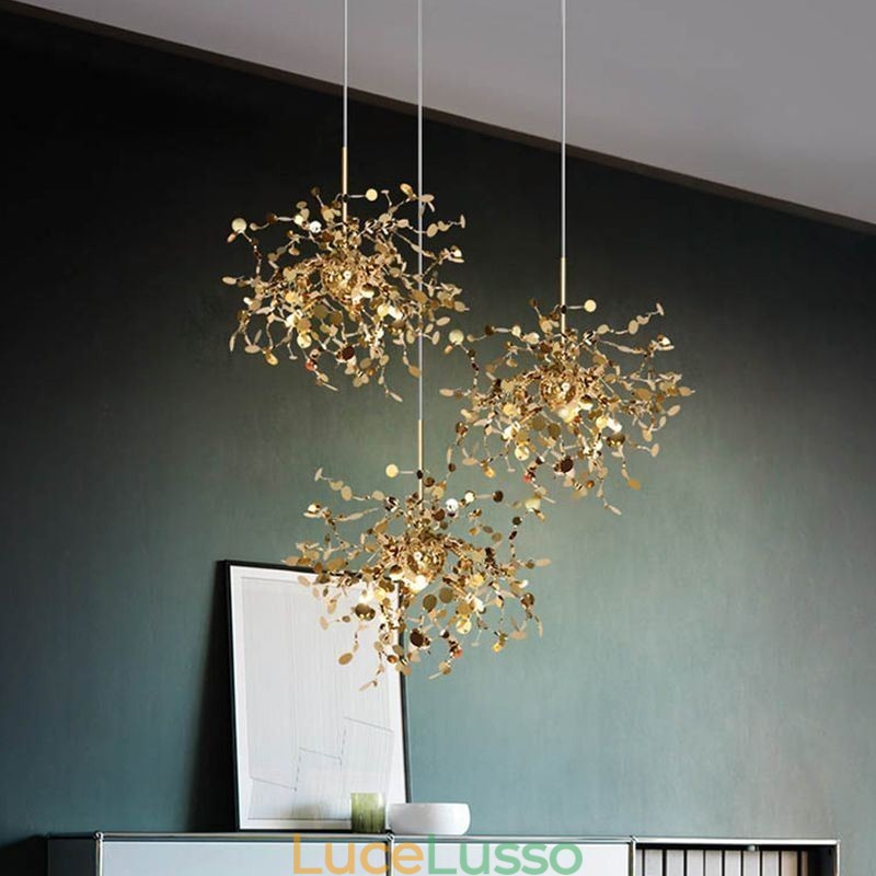 Lampadario con paillettes in acciaio inossidabile, illuminazione a sospensione, sala da pranzo